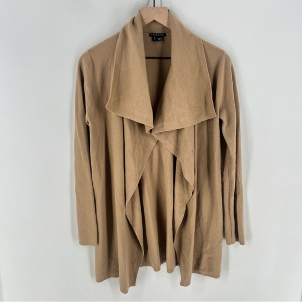 Theory Trincy Cardigan in Sandstorm Wool Long Sleeve Draped Open Front Longline